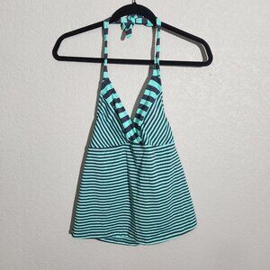 Mossimo Tankini Top Womens Small Teal Black Striped Halter Swimwear Padded